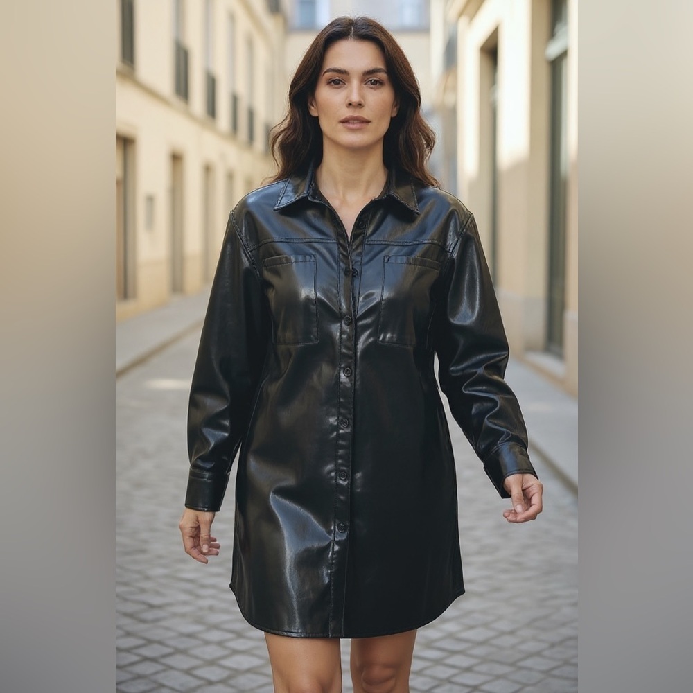 Bagatelle Collection Button Up Faux Leather Shirt Jacket Large Black Pockets